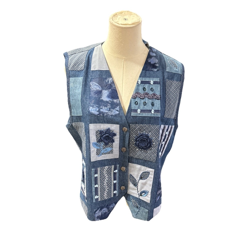 napa‎ valley petites Denim Vest Patch M Blue Women's Floral Flowers